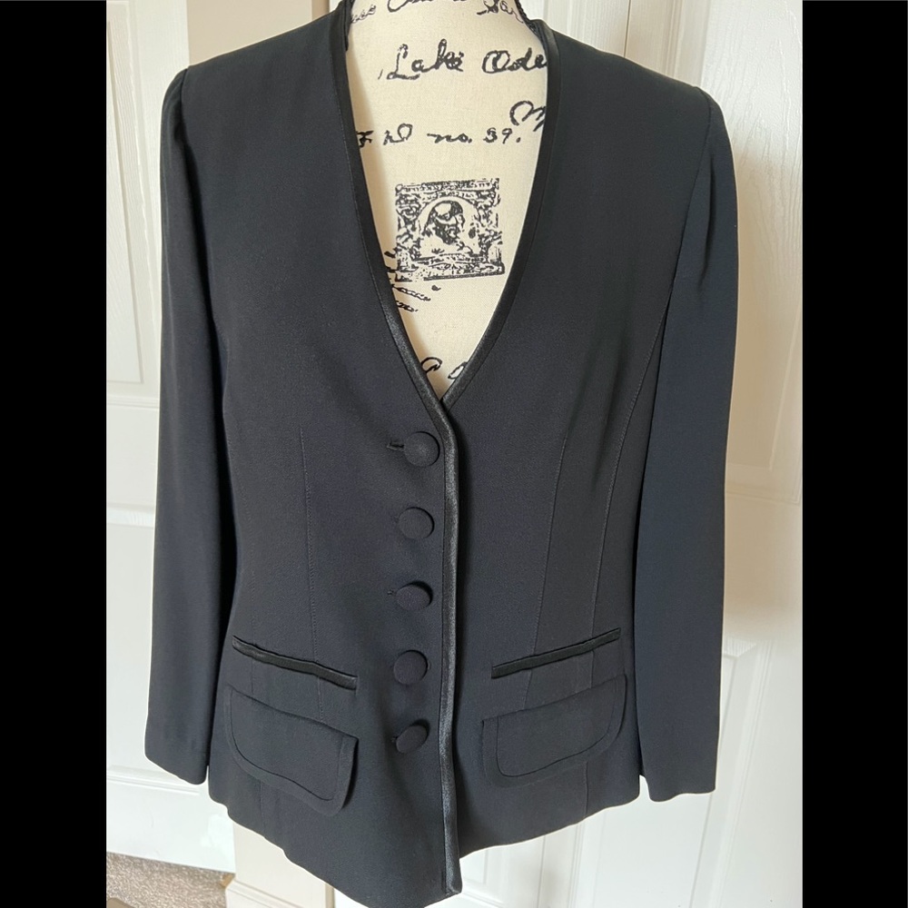 SONIA RYKIEL France BLACK Crepe & Satin Trim, Button Jacket Fr42/Medium